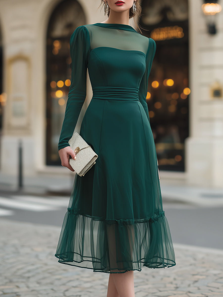 Sheer Yoke Long Sleeve Midi Dress With Defined Waist