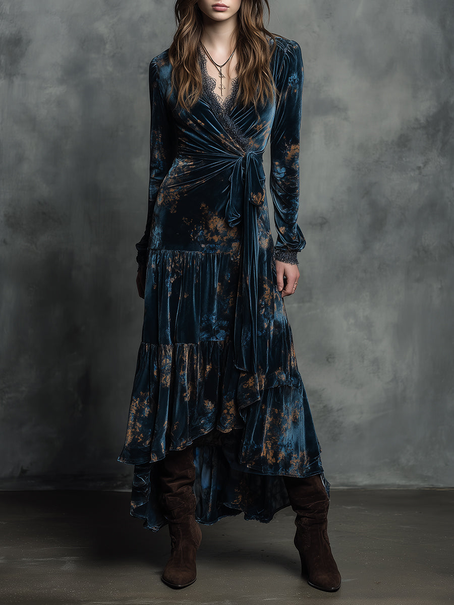 Quiet-boho Azure Mirage Velvet Wrap Maxi Dress