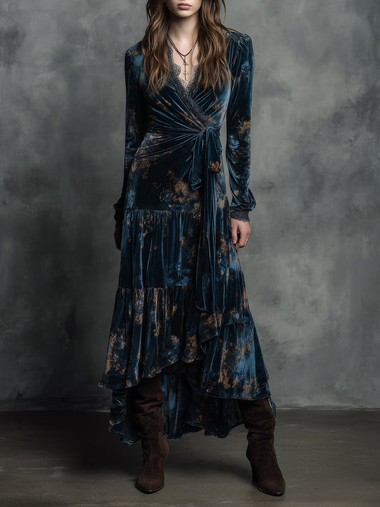Quiet-boho Azure Mirage Velvet Wrap Maxi Dress