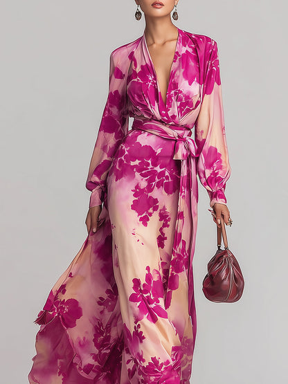 Romantic Rose-red Floral V-neck Long Dress With Tie Waist