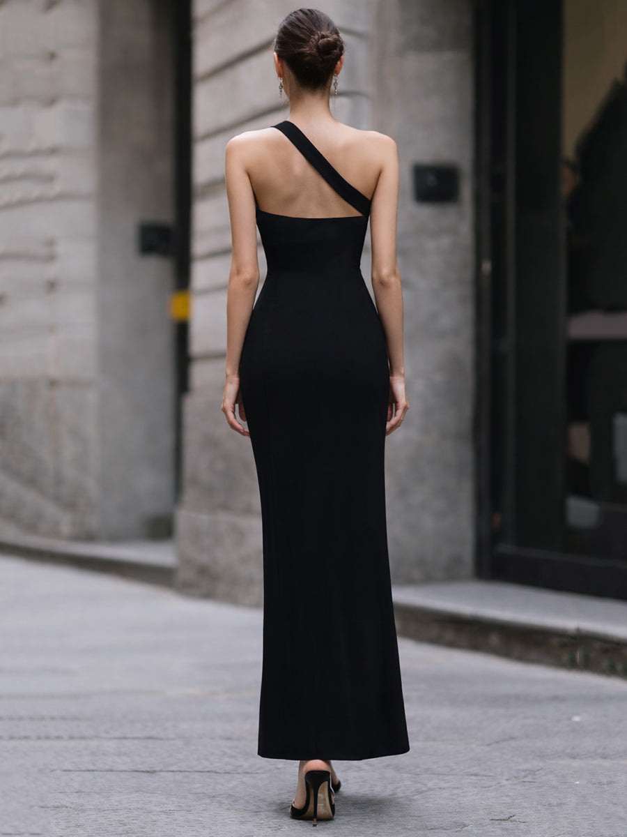 Midnight Contrast One-Shoulder Maxi Dress With High-Slit Detail