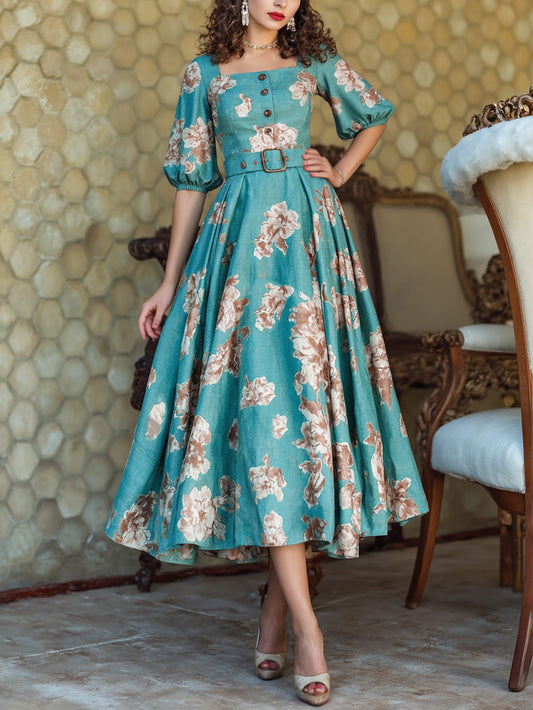 Midi Linen Dress, Short Sleeves, Square Neck, Floral, Belt Design, Vacation, Vintage, Cyan