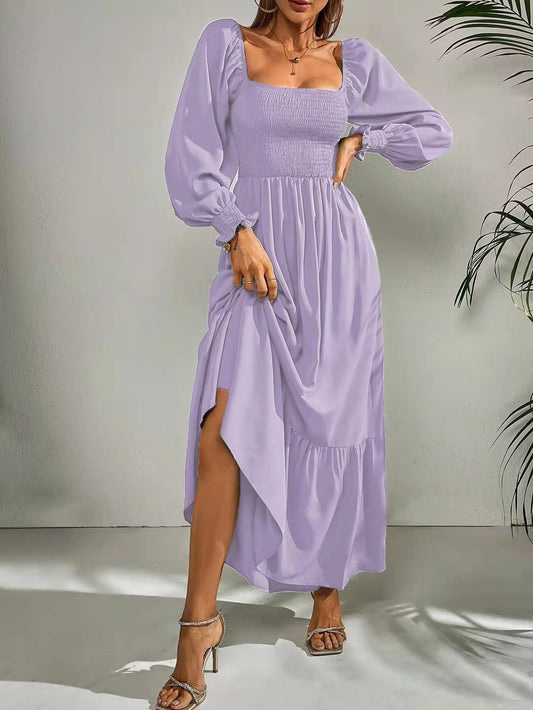 Pullover Square Collar Long Sleeve Ruffled High Waist Dress