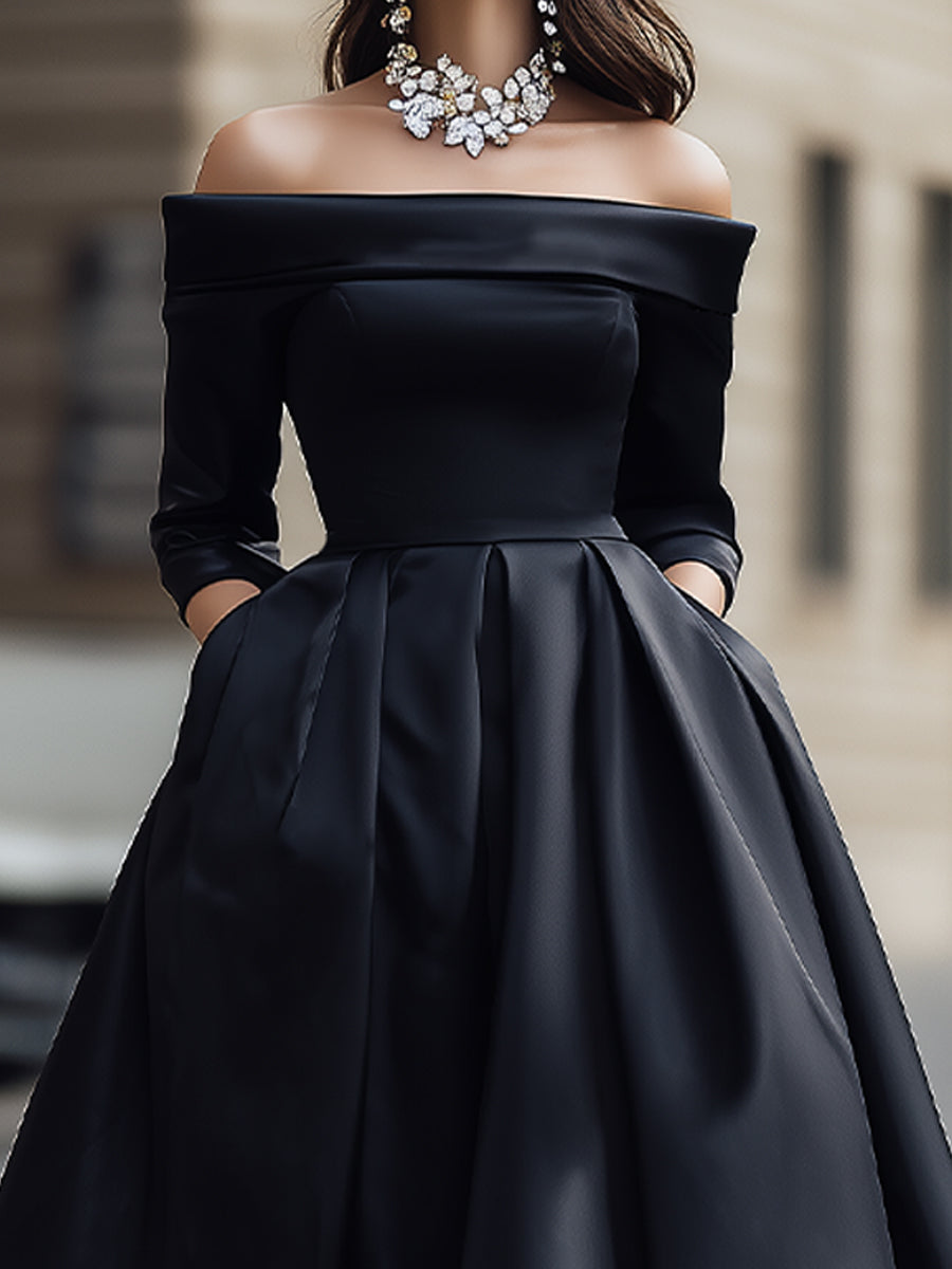 Elegant Off-Shoulder Satin Midi Dress
