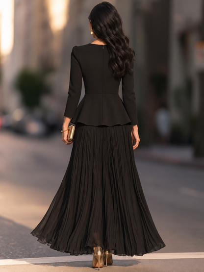 Keyhole Neck Peplum Maxi Dress With Pleated Skirt