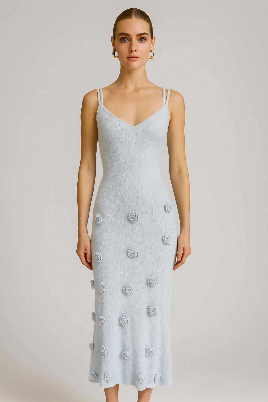 Spaghetti Straps Sleeveless Dress Three-Dimensional Flower Heavy Industry Knitted Backless Tie