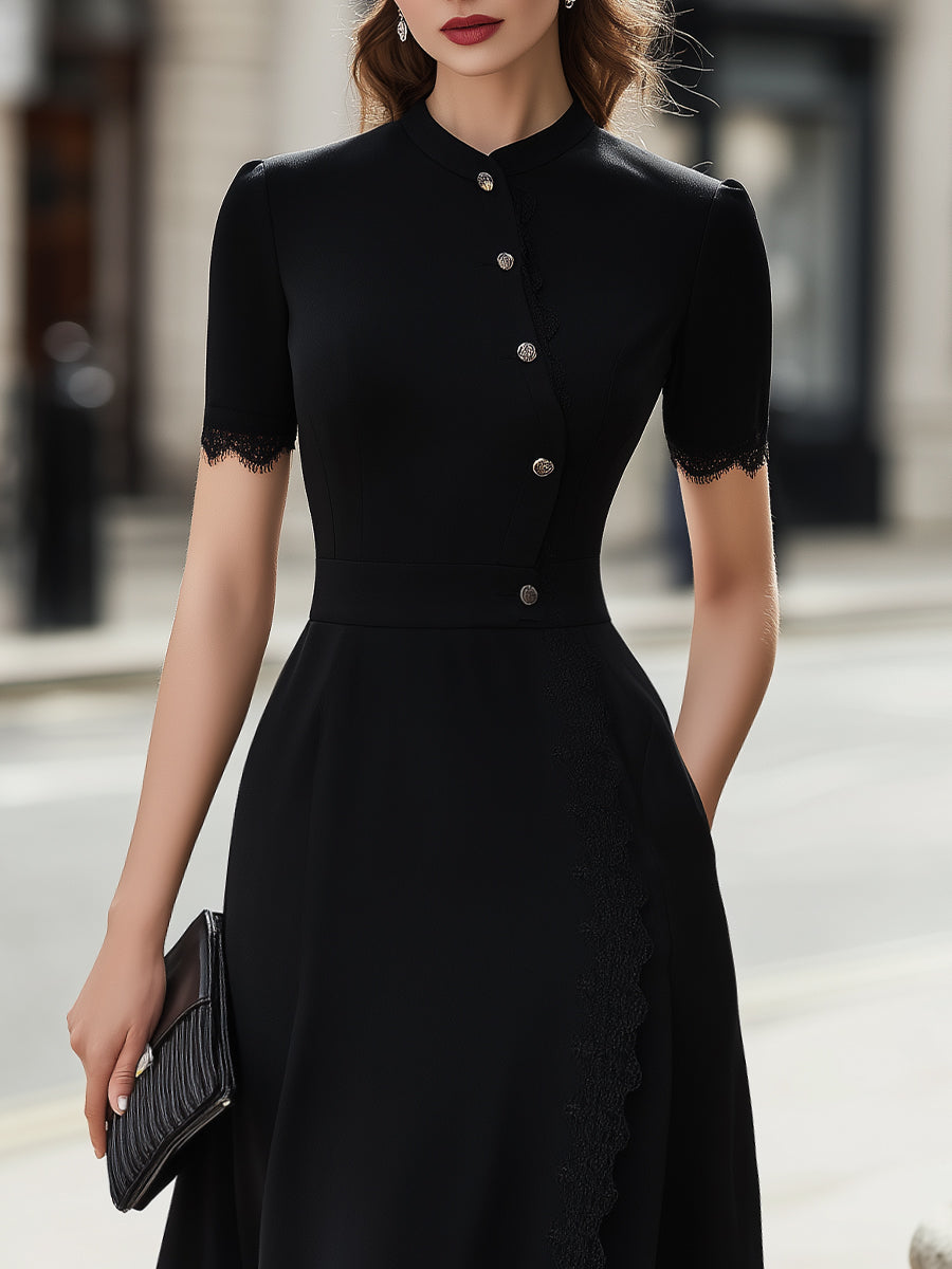 Button-Front Lace-Trim Midi Dress