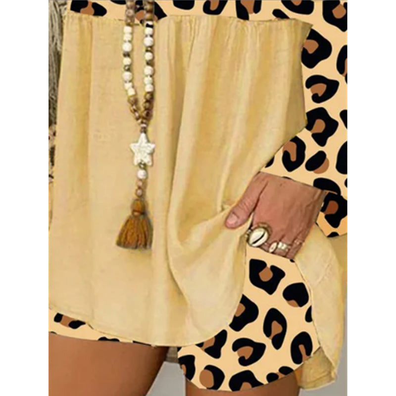 Plus Size Leopard Splicing Loose plus Size Cotton and Linen Suit