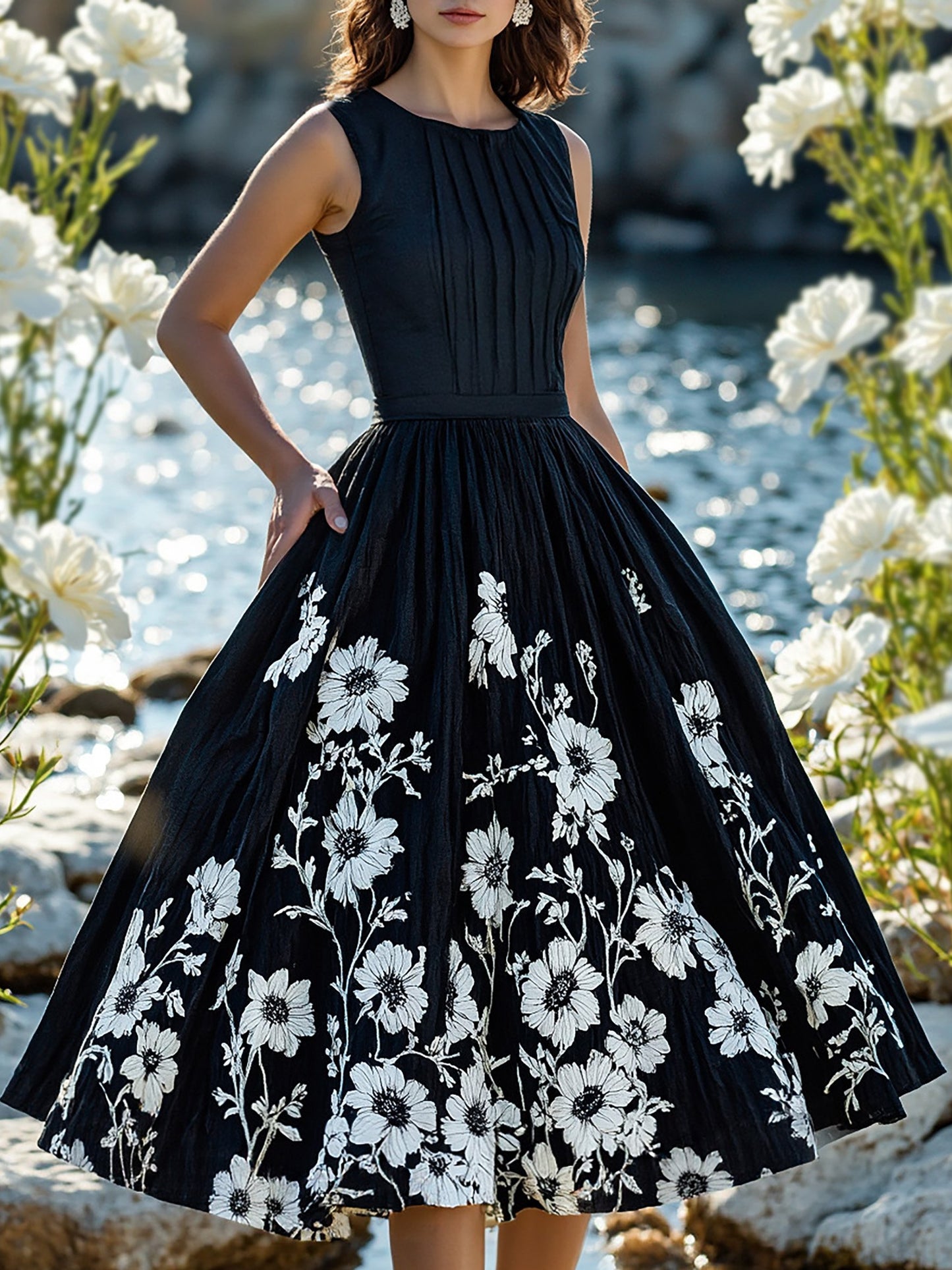 Midi Linen Dress , Sleeveless, Round Neck, Floral, Vacation, Vintage, Black