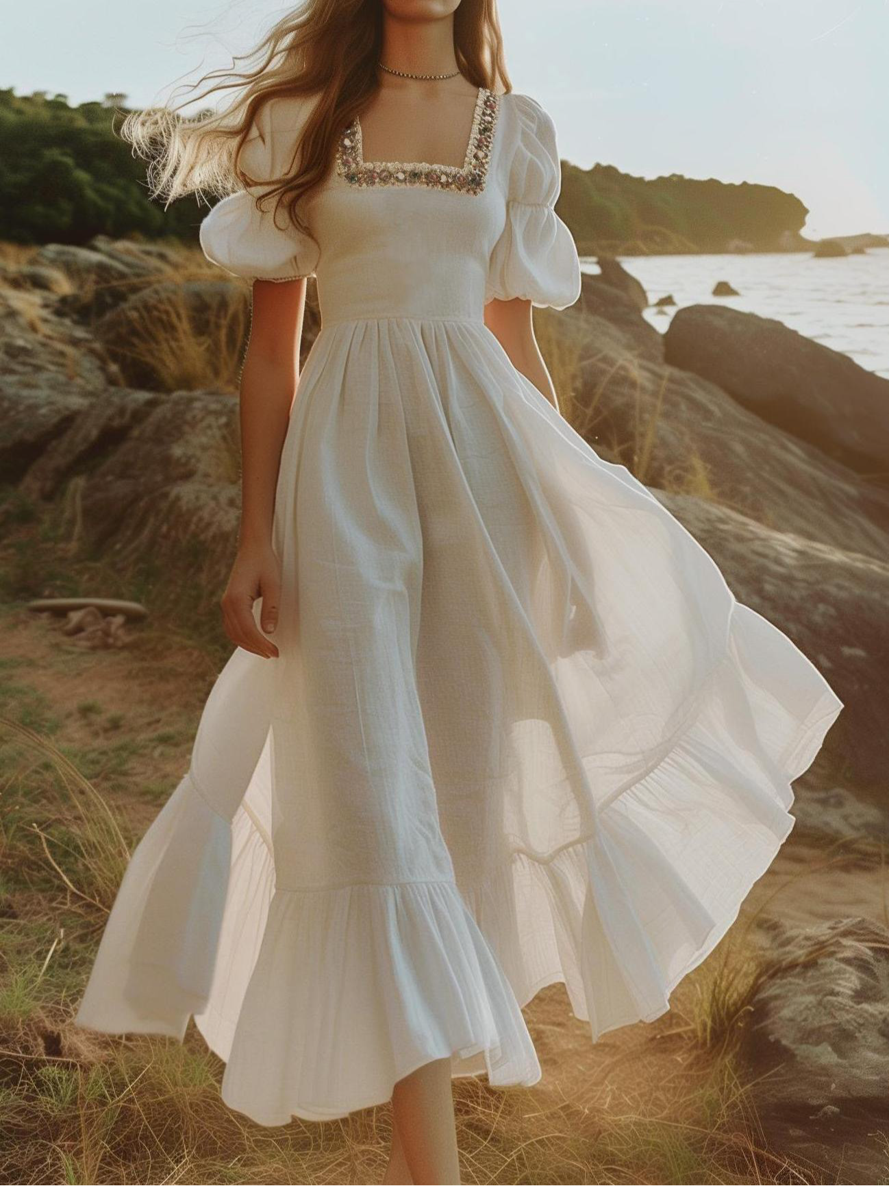 Linen Maxi Dress, Short Sleeve, Lace Collar, Plain, Vintage, White，Featured lace neckline