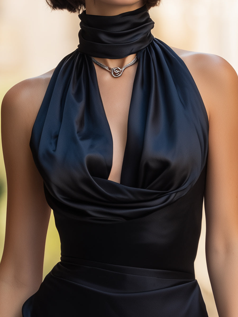 Black Satin Halter Mini Dress With Draped Neckline