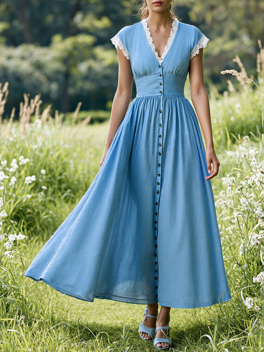 Maxi Linen Dress , Cap Sleeves, V Neck, Plain, Button Design, Vintage, Blue