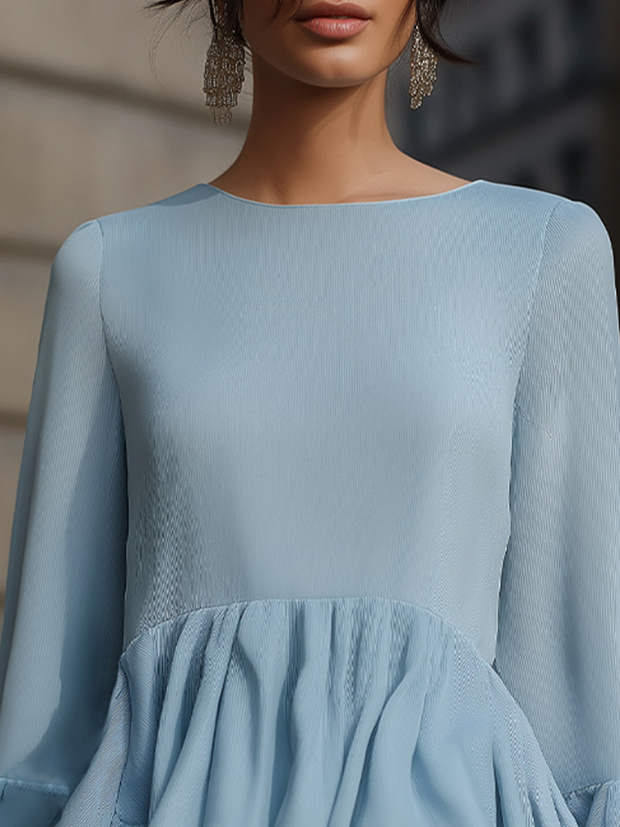Elegant Sky Blue Peplum Blouse With Tiered Ruffle Hem And Flared Sleeves