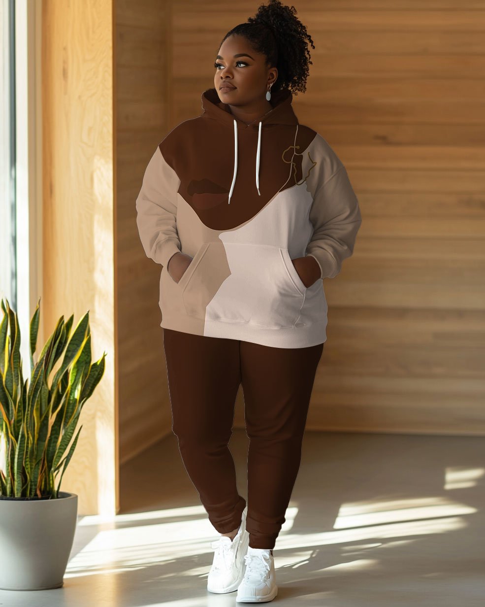 Brown Girl Face Print Long Sleeve Hoodie Two Pieces Set