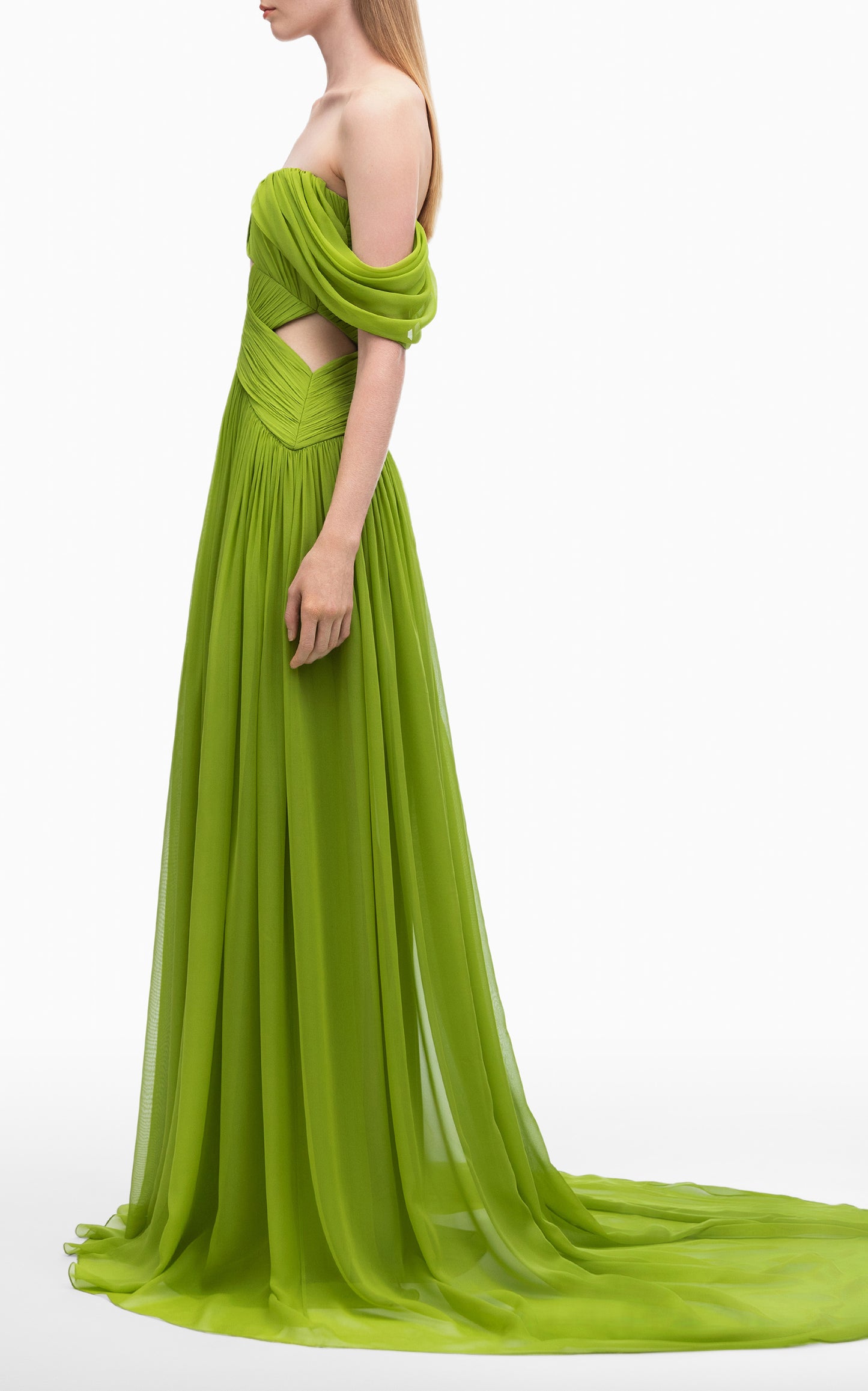 Pleated Chiffon Off-The-Shoulder Gown