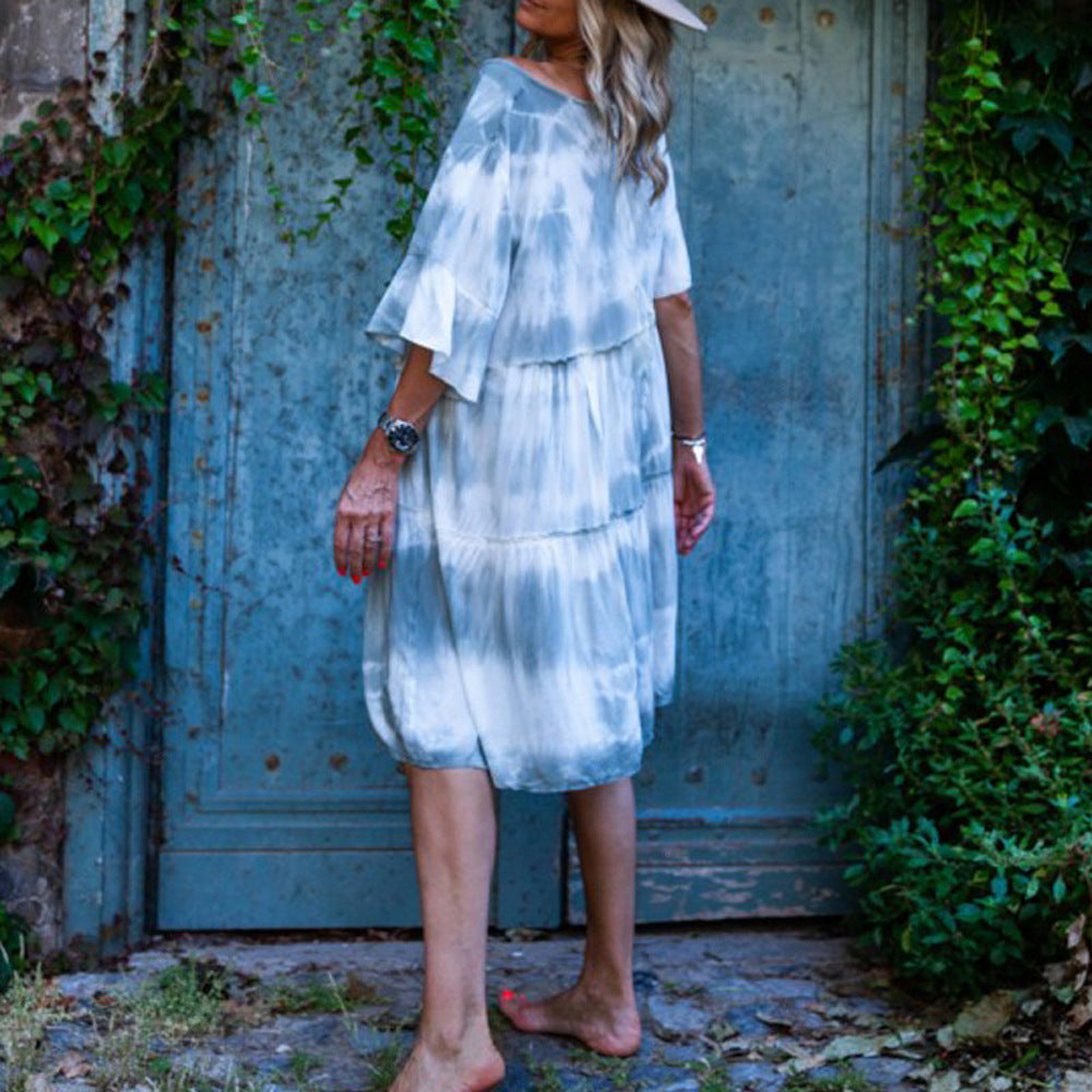 round Neck Shirt with Half Sleeve Tie-Dye Loose Dress