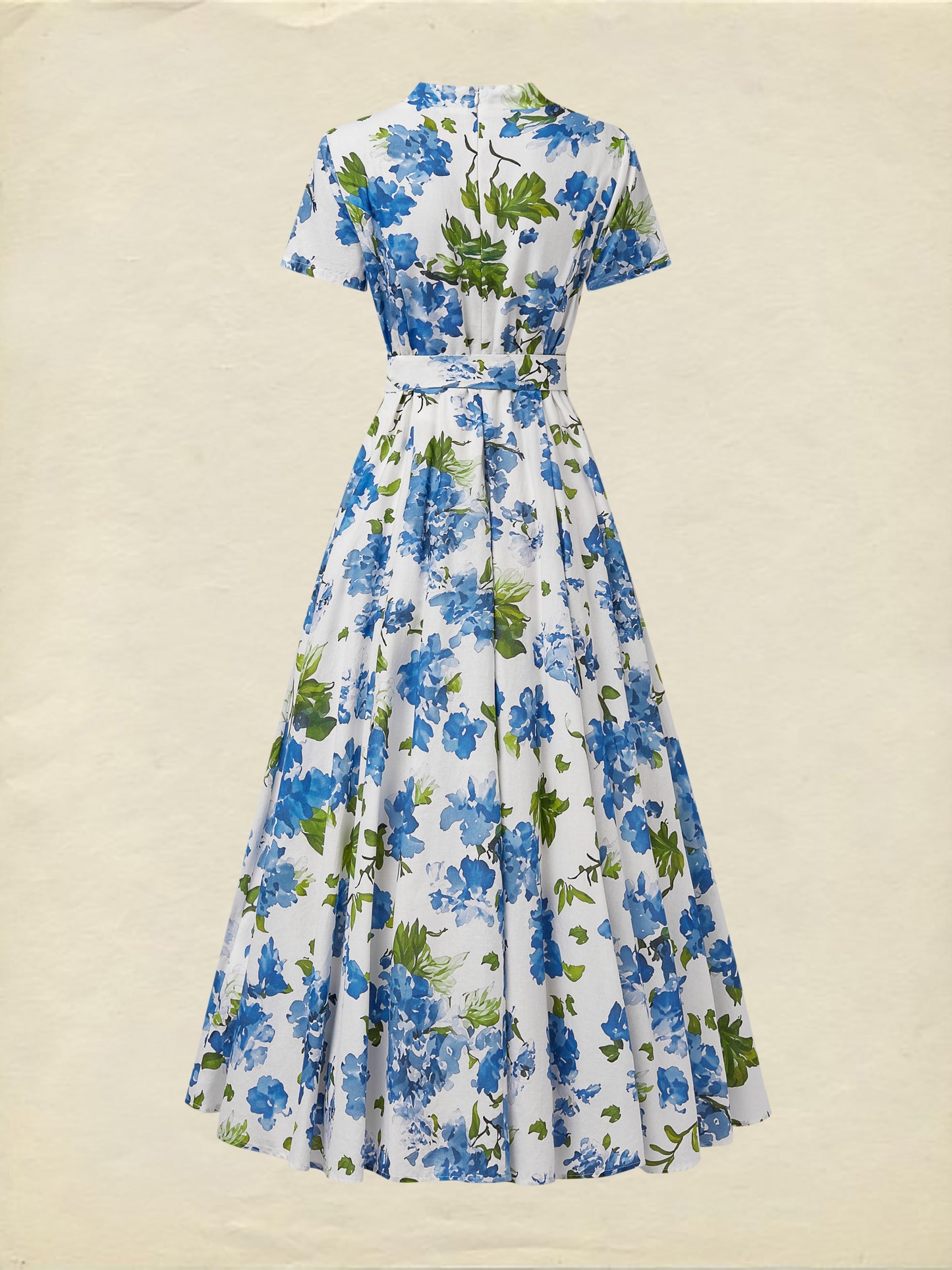 Maxi Linen Dress , Short Sleeves, V Neck, Floral, Belt Design, Vintage, Blue