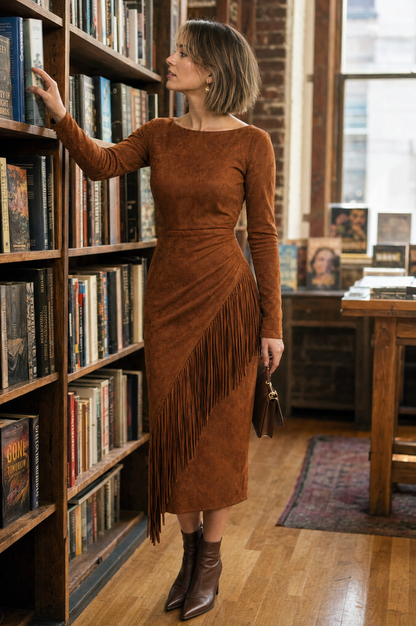 Asymmetric Fringe Faux Suede Midi Dress