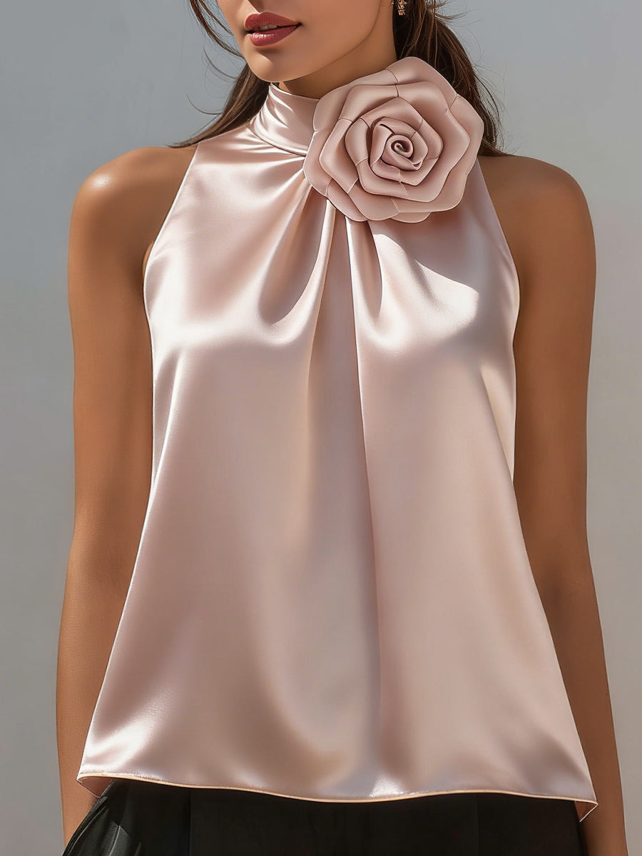 Sleeveless High-Neck Satin Top With Floral Accent