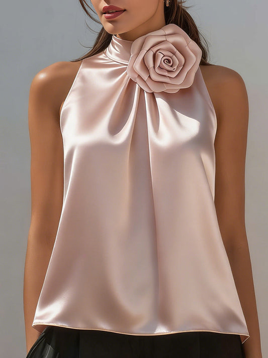 Sleeveless High-Neck Satin Top With Floral Accent