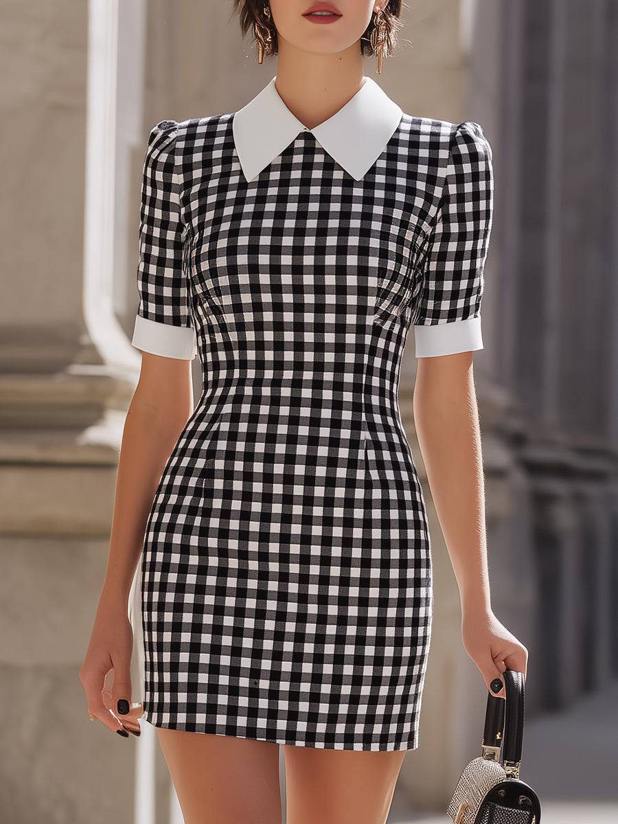 Black-and-White Gingham Collared Mini Sheath Dress