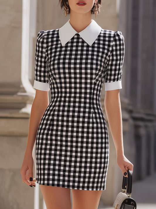Black-and-White Gingham Collared Mini Sheath Dress