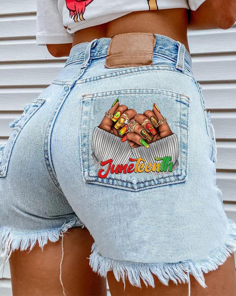 Juneteenth Nail Print Denim Shorts