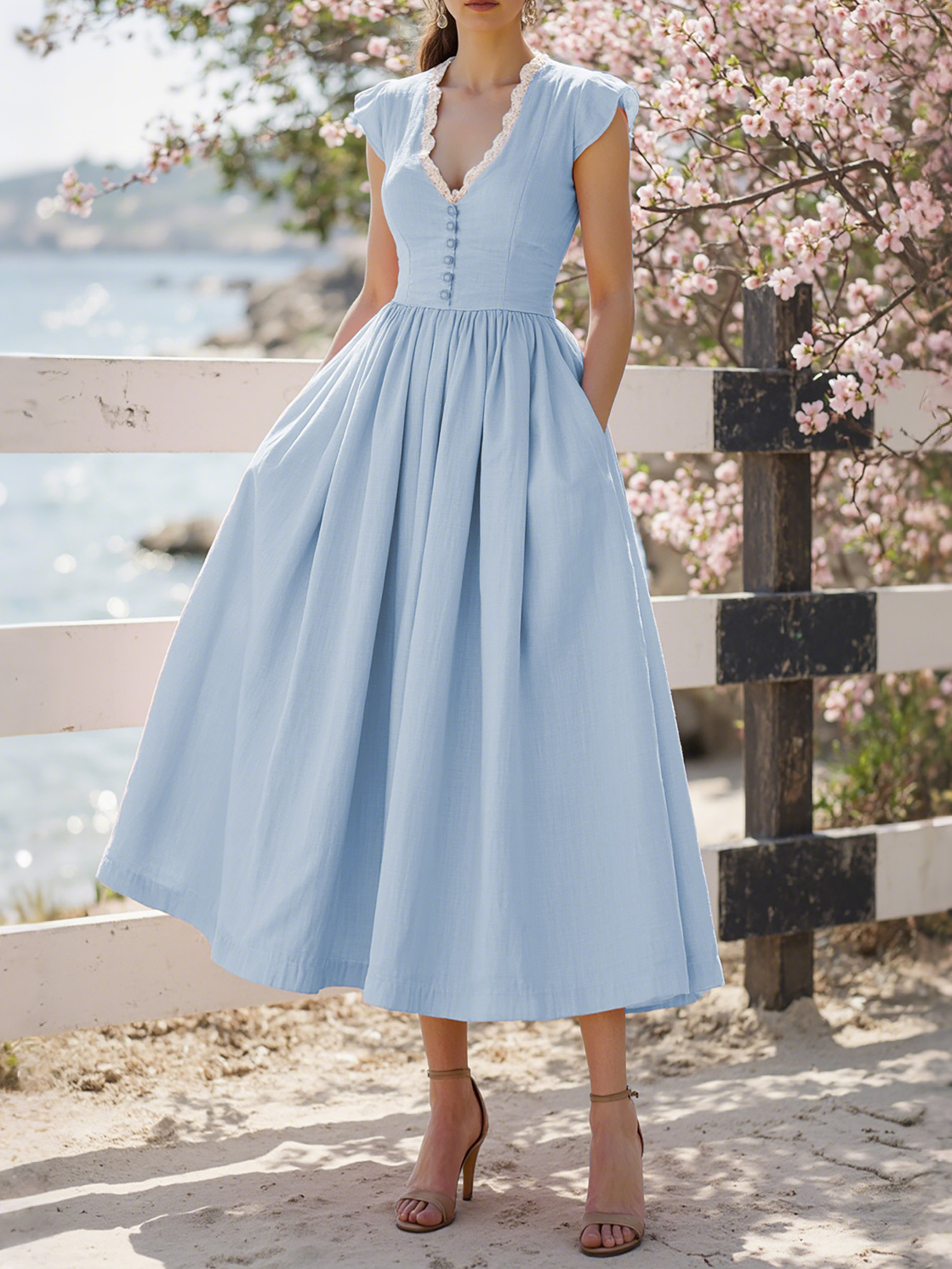 Midi Linen Dress, Short Sleeves, V Collar, Linen Blend, Plain, Renaissance