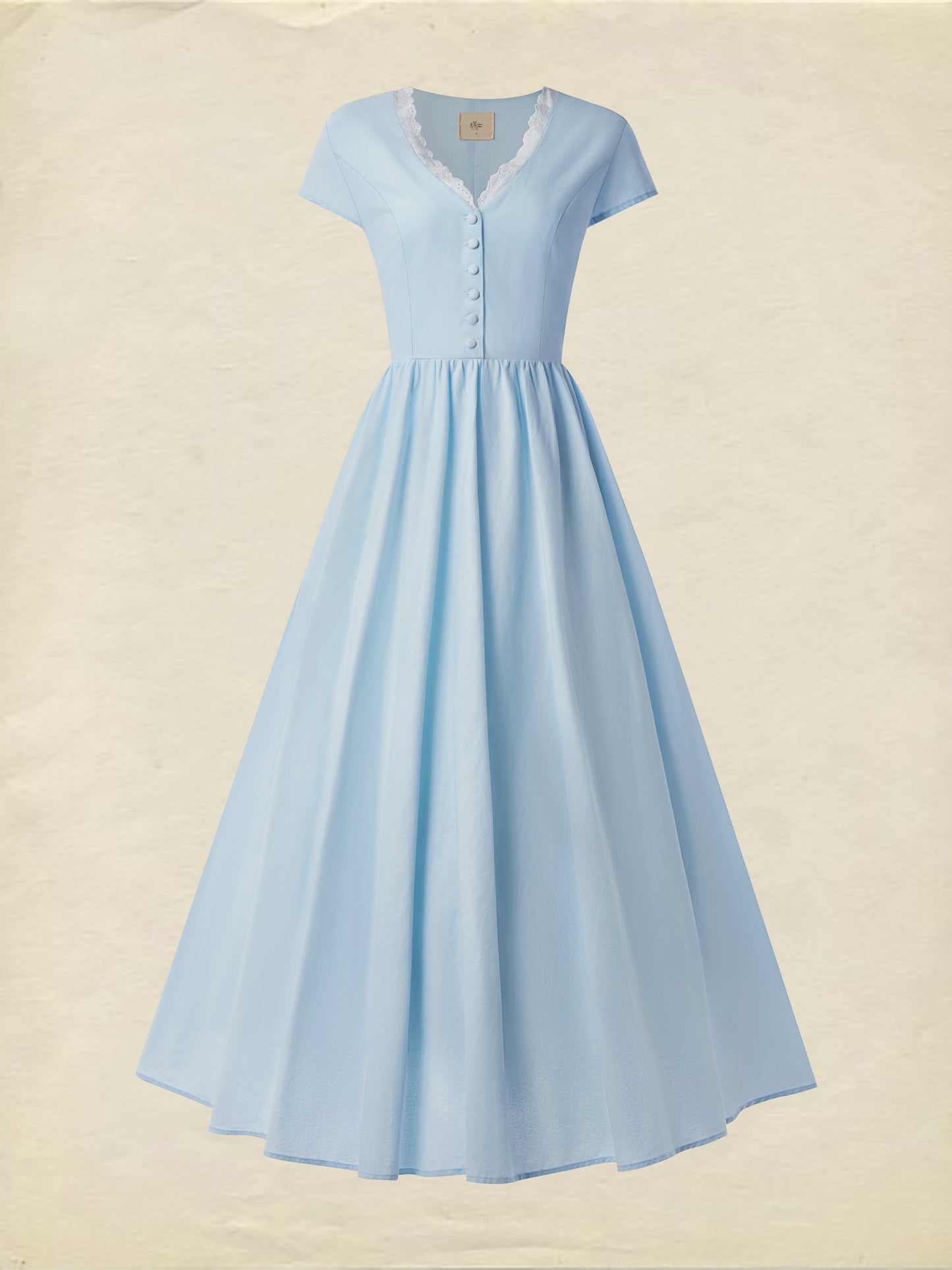 Midi Linen Dress, Short Sleeves, V Collar, Linen Blend, Plain, Renaissance