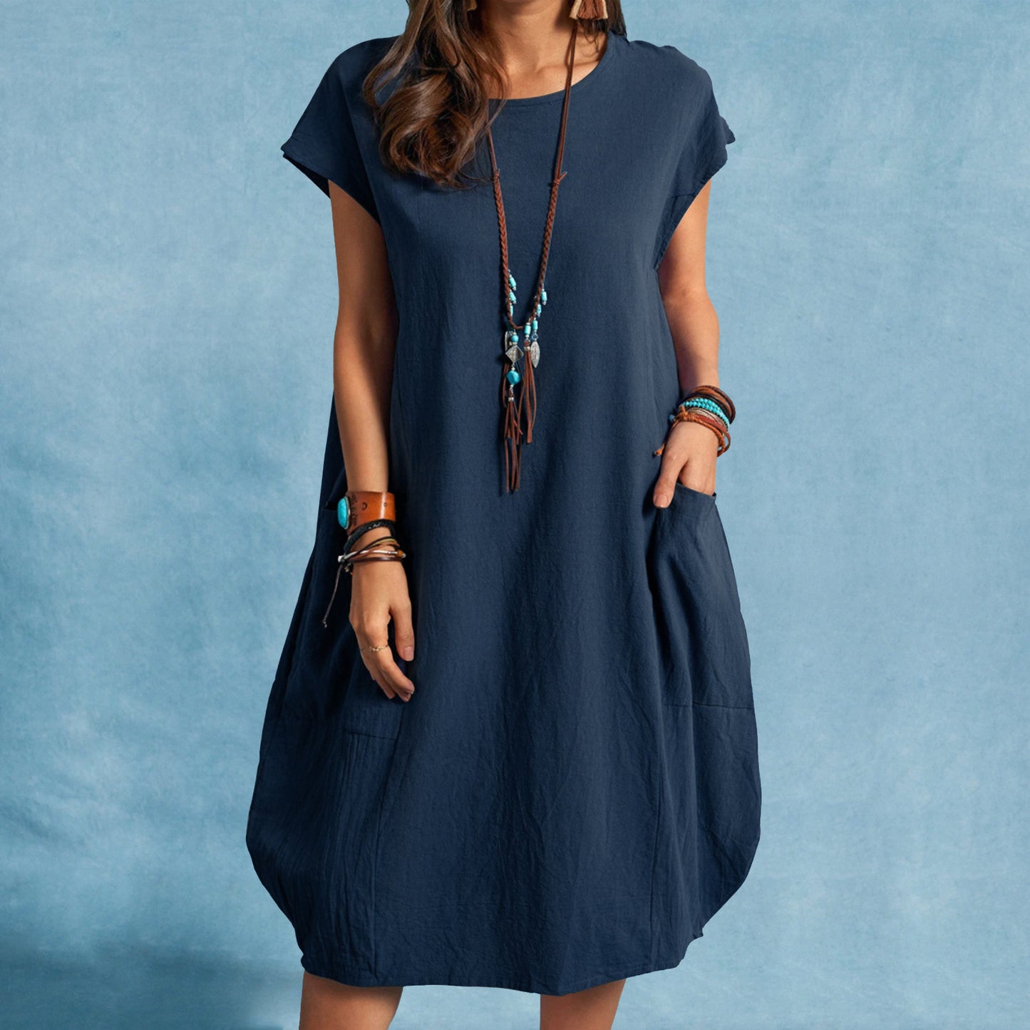 Cotton Solid Color Pocket Midi Dress