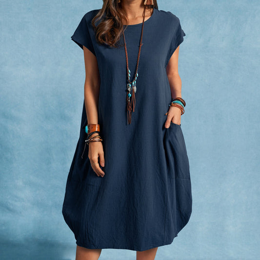 Cotton Solid Color Pocket Midi Dress