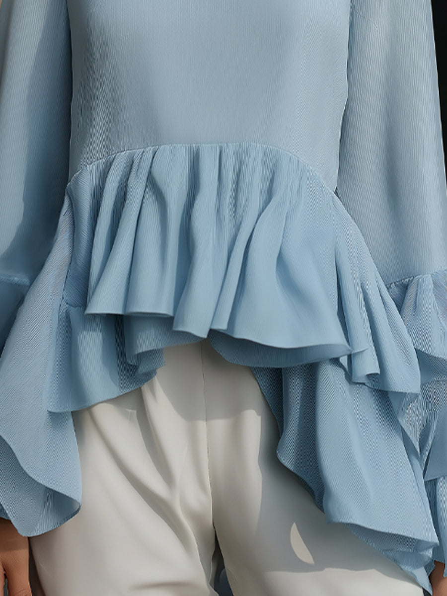 Elegant Sky Blue Peplum Blouse With Tiered Ruffle Hem And Flared Sleeves