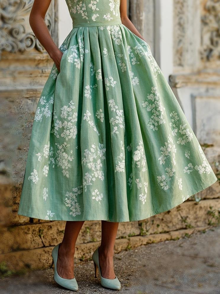 (SIZE:XS-XXL) Midi Linen Dress, Sleeveless, Linen Blend, Floral, Renaissance, Aqua