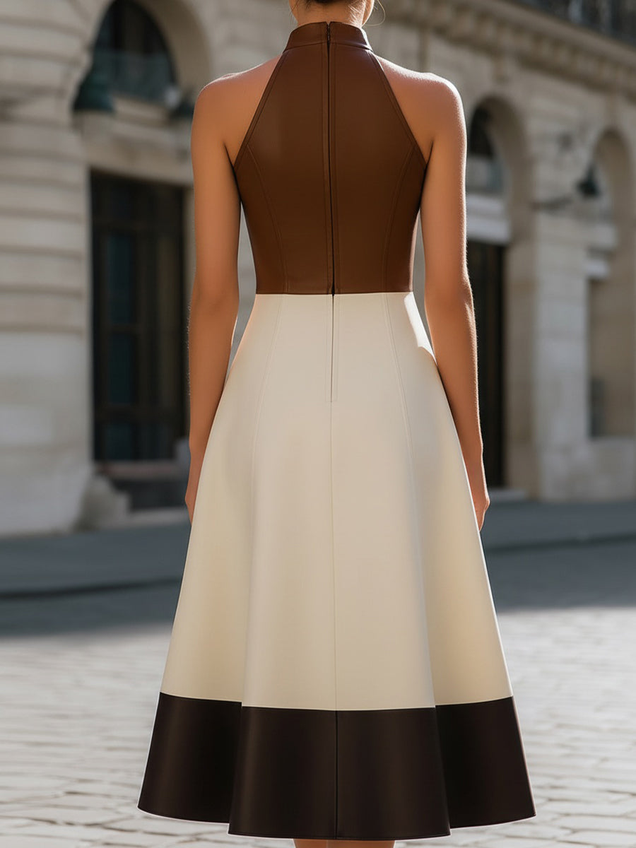 Brown & Cream Color-Blocked Halter Midi Dress