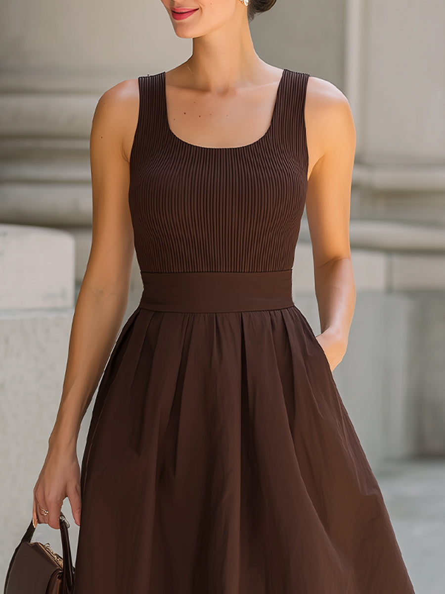 Ribbed Knit Bodice Flared Midi Dress