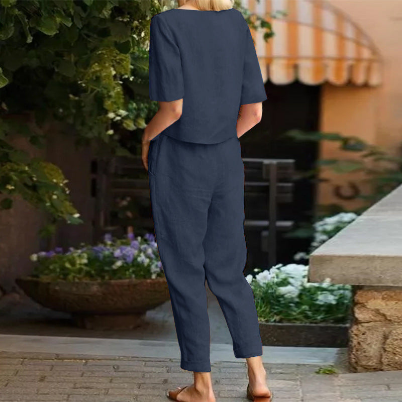 Plus Size Summer Fashion Solid Color Short-Sleeved Trousers Two-Piece Suit (Including Belt)