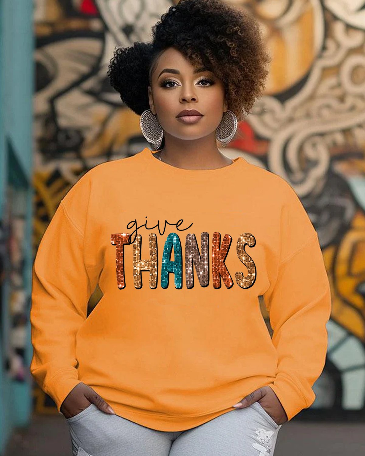 Women'S Casual Give Thanks Printed Long Sleeve Sweatshirt