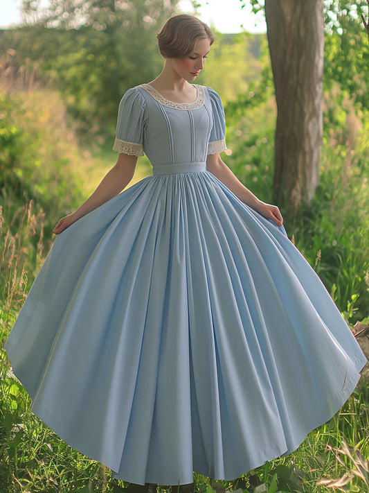 Cotton Maxi Dress, Vintage, Plain, Summer, Lace Collar, Short Sleeve, Blue