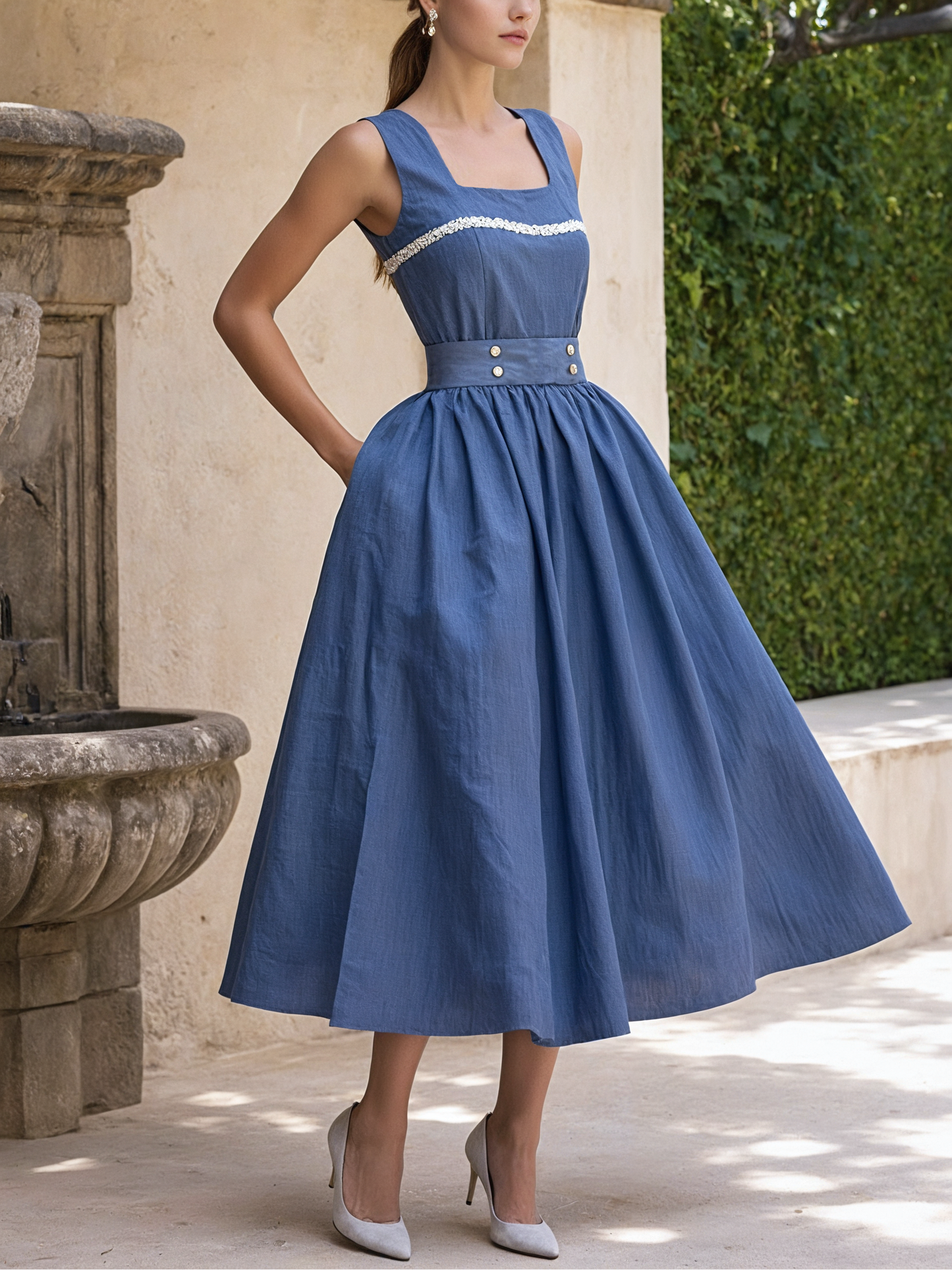 Midi Linen Dress , Sleeveless, Square Neck, Plain, Button Design, Vintage, Blue