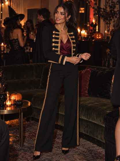 Cropped Military Blazer & High Waist Wide Leg Pants Suit
