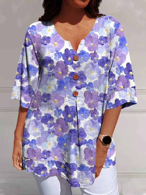 Purple Flower Printed Half Sleeve Shirt Top