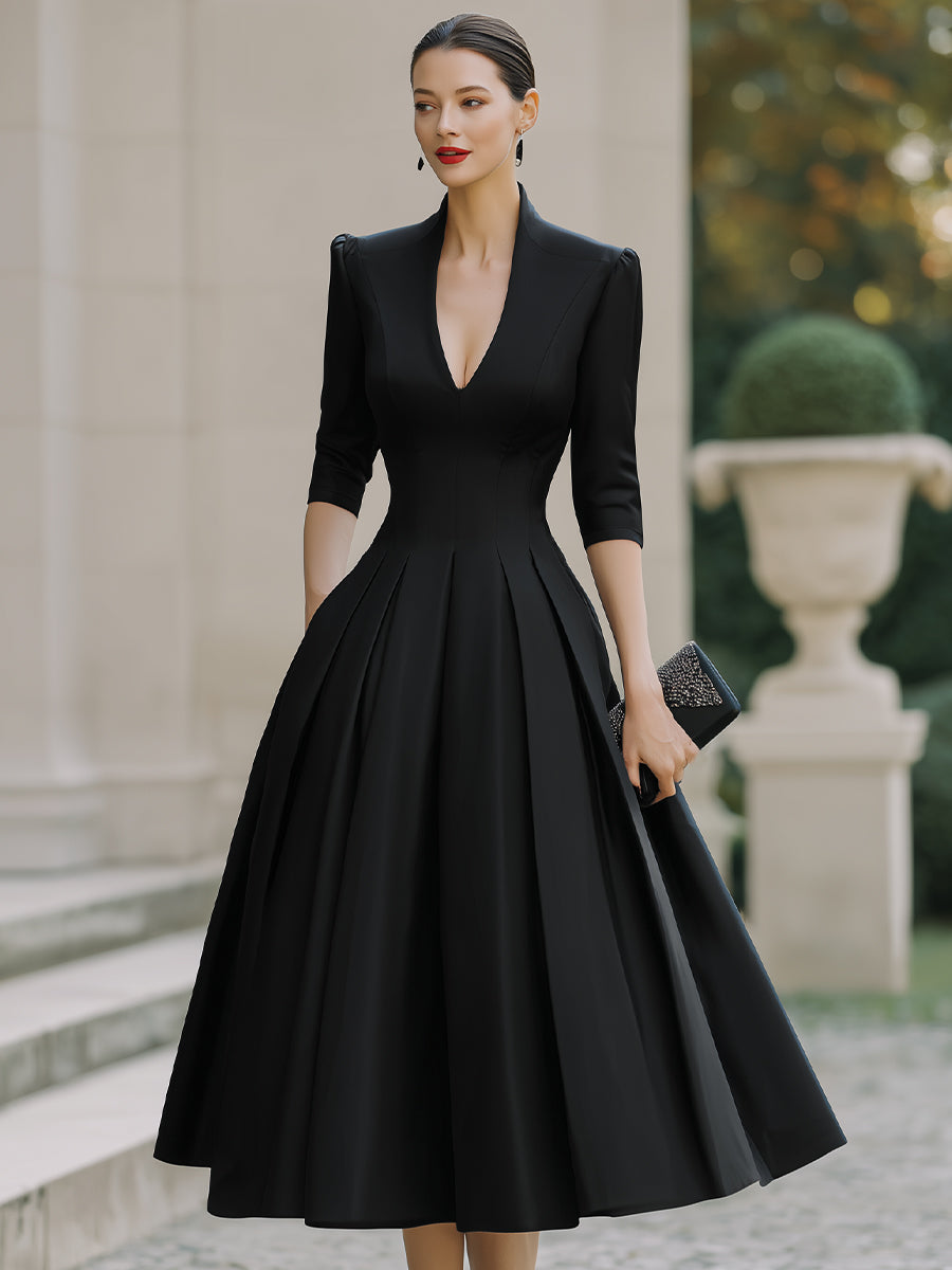 Deep V-Neck Pleated Midi Dress