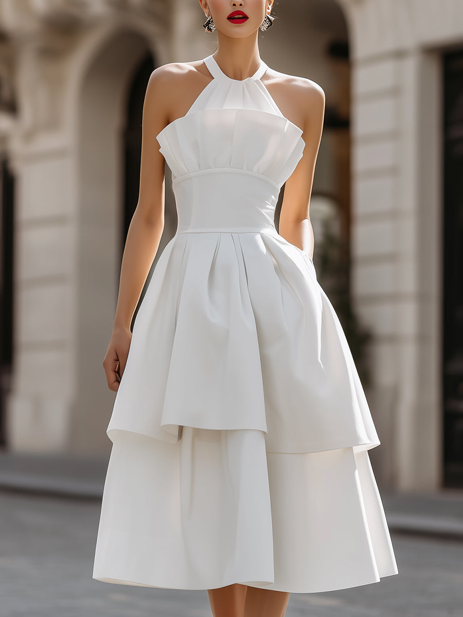 Halter Neck Layered A-Line Midi Dress