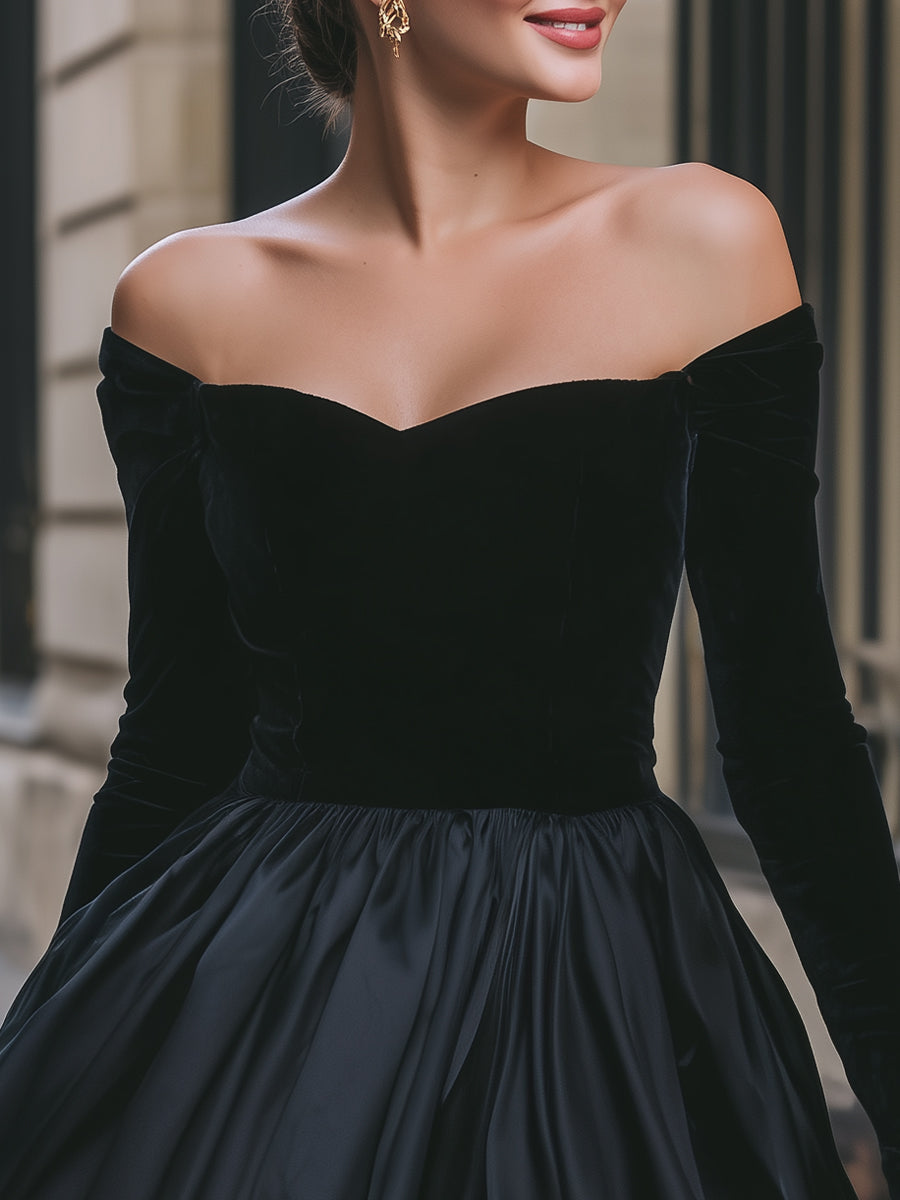 Glamorous Black Velvet Off-the-Shoulder Bubble Hem Mini Dress