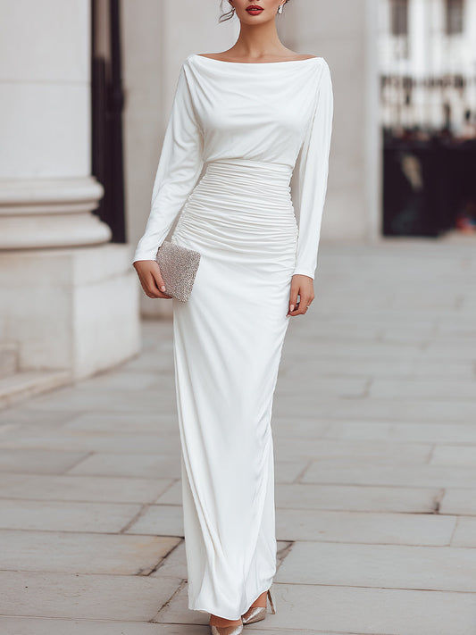 Draped Boat Neck Ruched Waist Maxi Dress