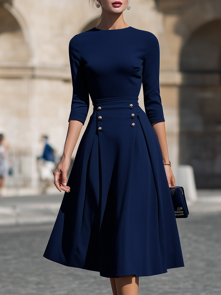Structured Waist Button-Detail Midi Dress