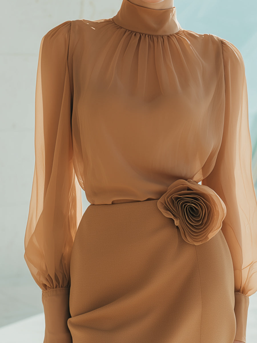 Camel Sheer Chiffon High-Neck Dress With Floral Waist Detail