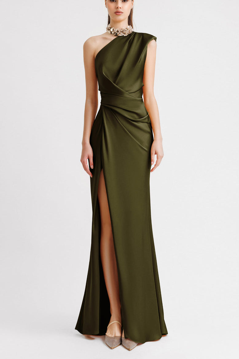 One-Shoulder Draped Olive Dress