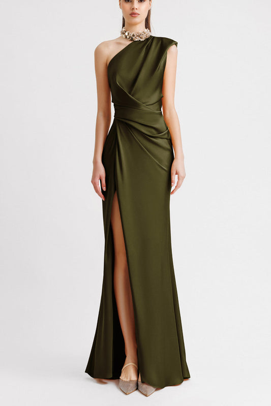 One-Shoulder Draped Olive Dress