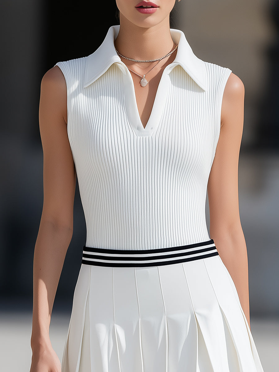 Sporty-Chic White Ribbed Polo Pleated Mini Dress